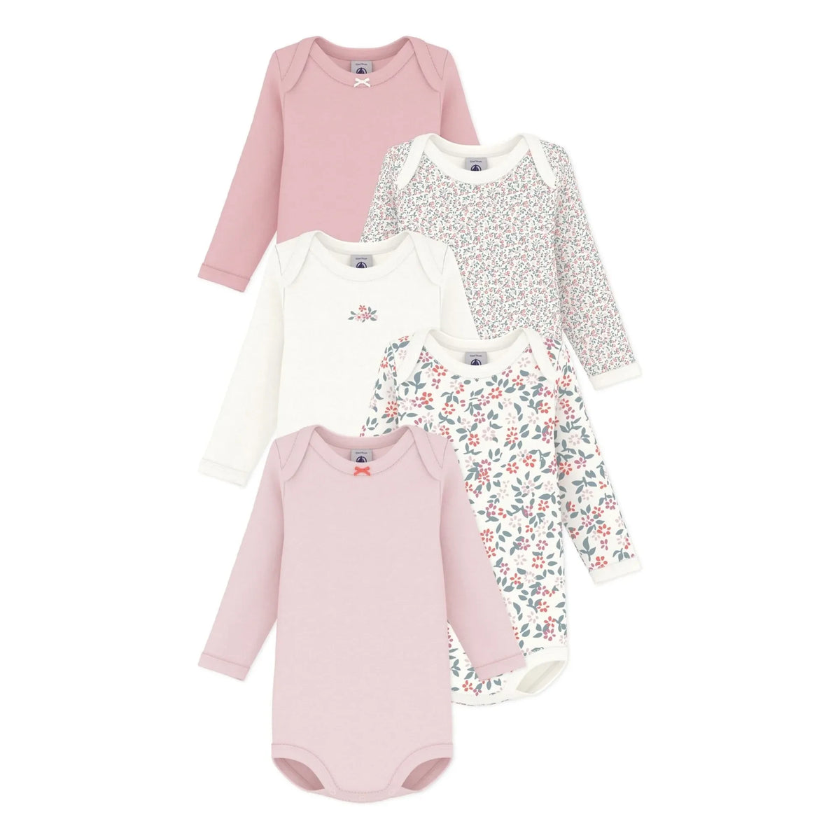 Petit Bateau - Set of 5 Organic Cotton Floral Bodysuits | Pink
