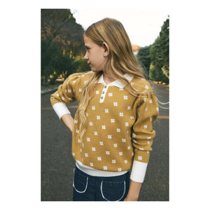birinit - Flower Patterned Polo Neck Sweater | Mustard