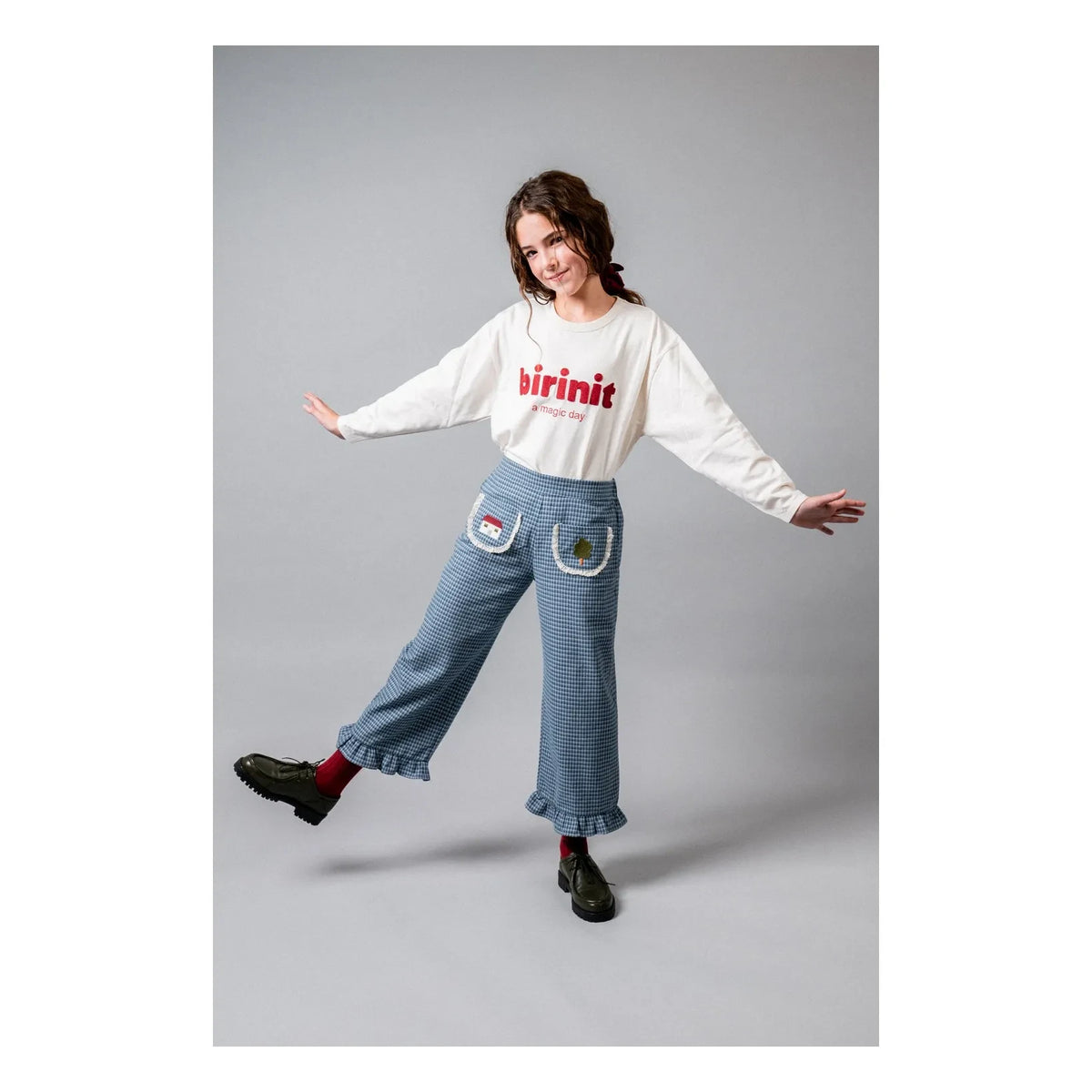 birinit - Checked Embroidered Pocket Organic Cotton Pants | Indigo blue