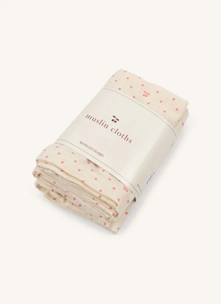 Konges Sløjd - Cherry Dot Organic Cotton Baby Muslin Cloths - 3-piece Set | Pink