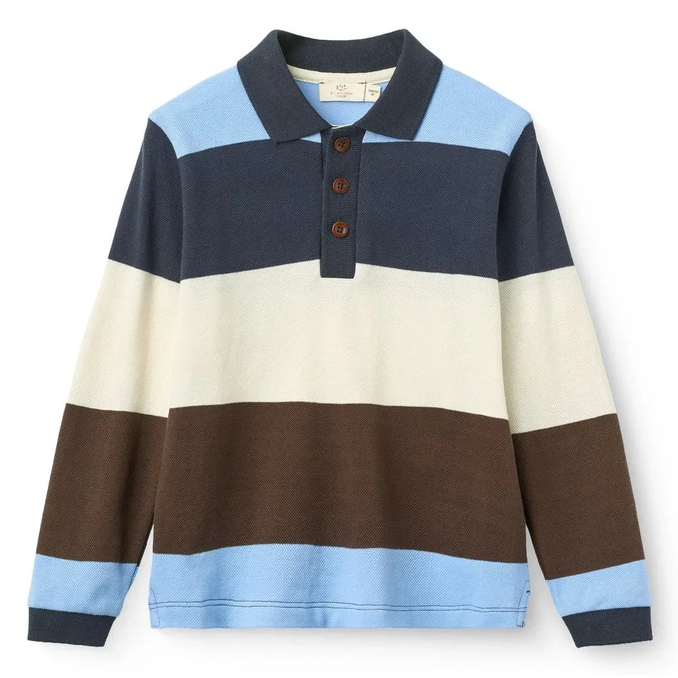 Copenhagen Colors - Organic Cotton Striped Long Sleeve Polo Shirt | Brown