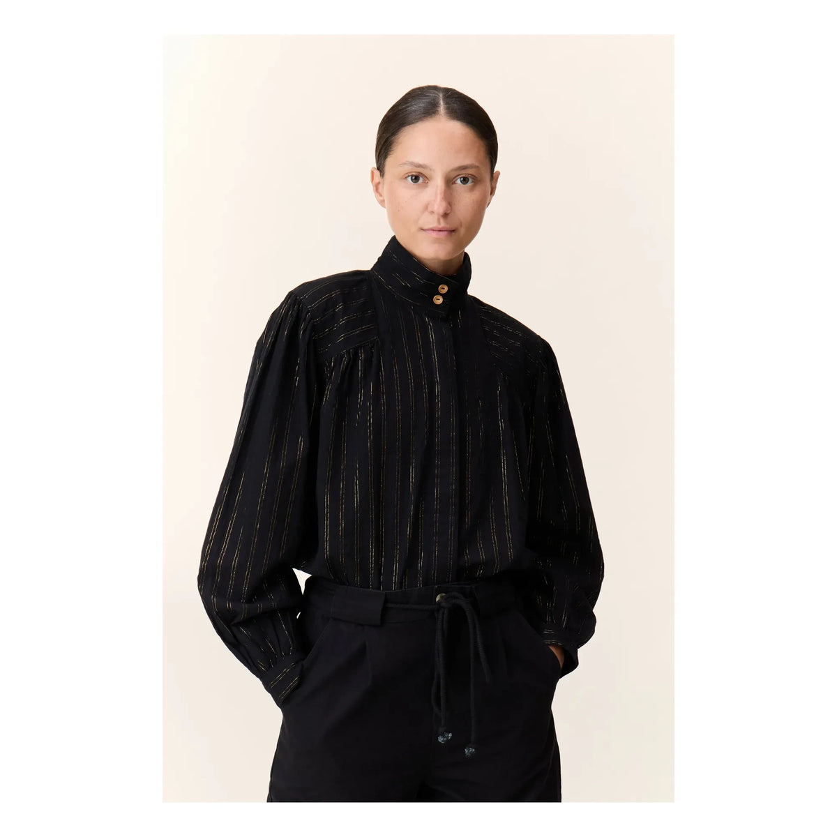 Leon & Harper - Chana Striped Metallic Blouse | Black