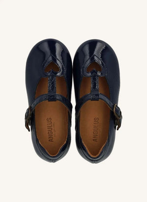 Angulus - Mary Jane T-Strap Heart-Cut Patent Leather Flats | Navy