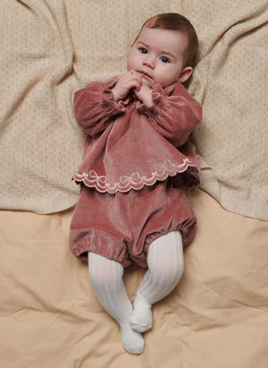 Copenhagen Colors - Embroidered Blouse and Ribbed Velvet Organic Cotton Bloomer Set | Dusty Pink