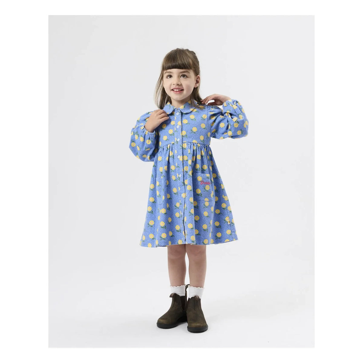 Goldie + Ace - Floral Print Ribbed Velvet Dress - Smallable Exclusive | Blue