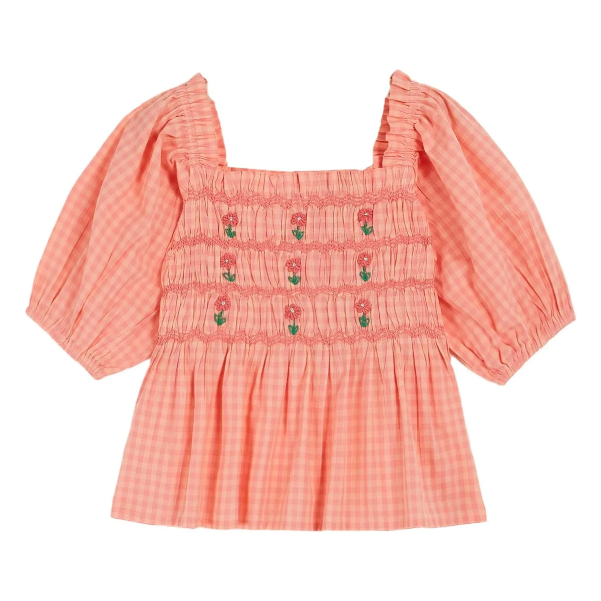 Emile et Ida - Embroidered Checked Drawstring Blouse | Peach