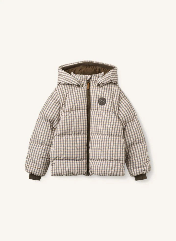 Copenhagen Colors - Removable-Sleeve 2-in-1 Goose Down Jacket, Check Pattern | Ecru