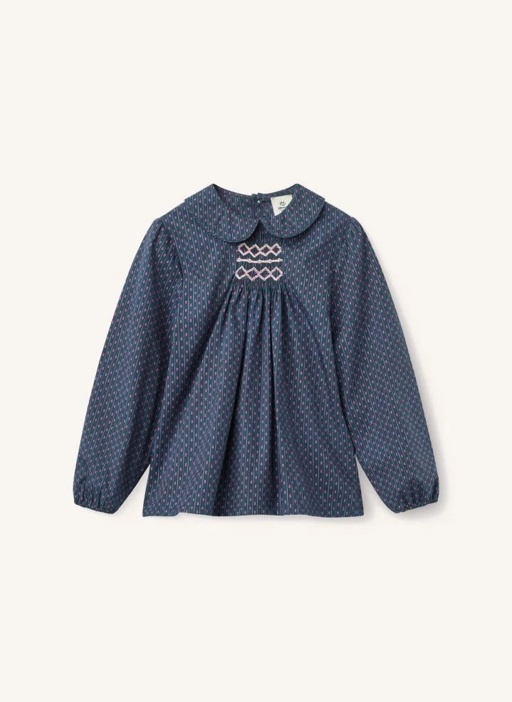 Copenhagen Colors - Organic Cotton Floral Gathered Blouse | Navy
