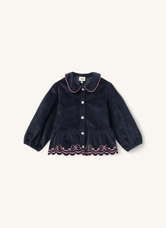 Copenhagen Colors - Organic Cotton Ribbed Velvet Blouse, Embroidered Bow Detail | Navy