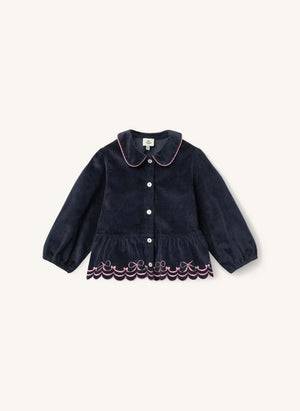 Copenhagen Colors - Organic Cotton Ribbed Velvet Blouse, Embroidered Bow Detail | Navy