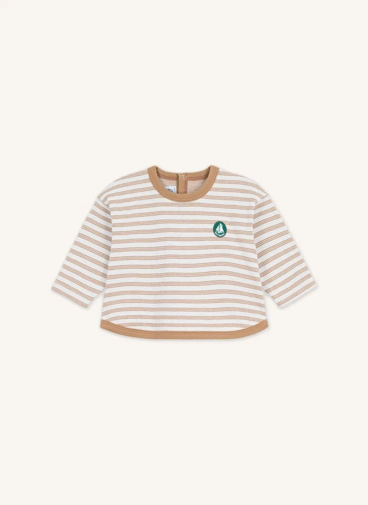 Petit Bateau - Striped Organic Cotton Baby T-Shirt with Badge | Beige