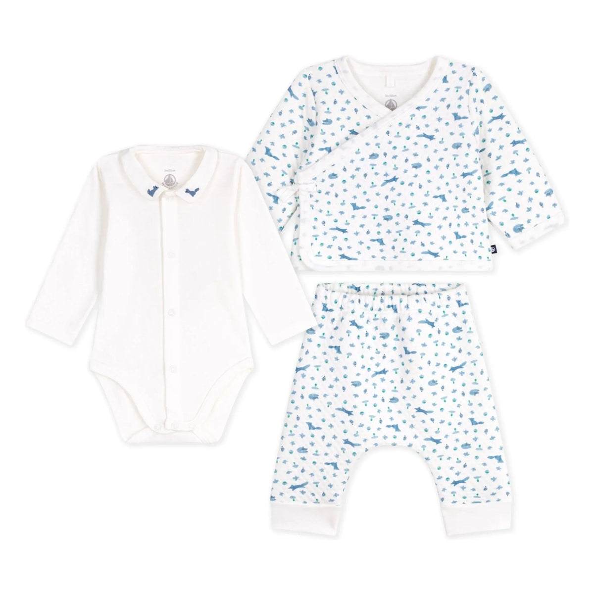 Petit Bateau - Organic Cotton Foxes Bodysuit, Blanket, and Pants Set | White