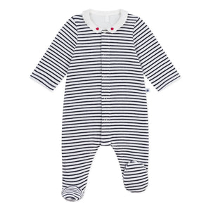Petit Bateau - Striped Velvet Organic Cotton Dors Bien Pajamas | Dark Blue