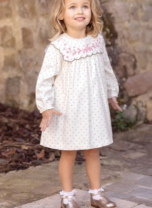 Tartine et Chocolat - Embroidered Collar Dotted Wavy Dress | Ecru