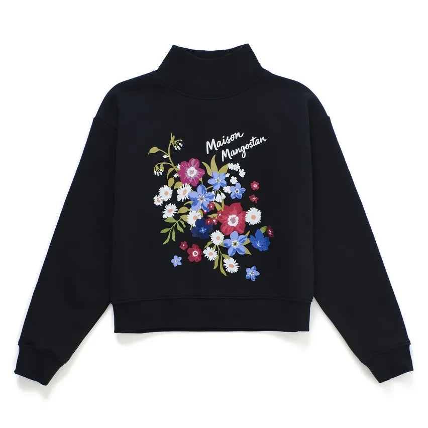 Maison Mangostan - Floral Print Turtleneck Sweatshirt | Black