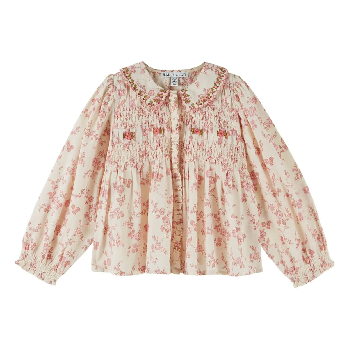 Emile et Ida - Organic Cotton Floral Gathered Blouse | Ecru