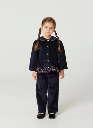 Copenhagen Colors - Ruched Embroidered Bow Detail Wide Fit Organic Cotton Ribbed Corduroy Trousers | Navy