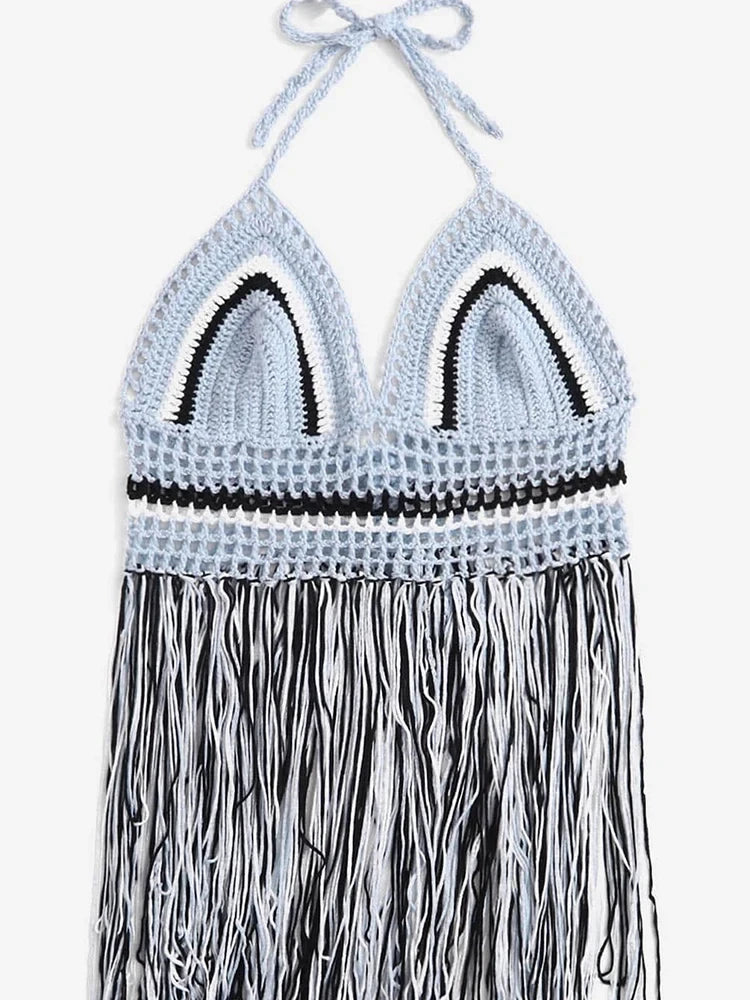 Jesminda - Knitted Light Blue Sexy Tassel Beach Top Dress