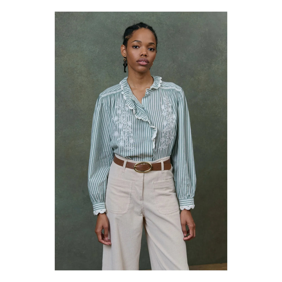 Louise Misha - Cora Striped Organic Cotton Blouse - Women's Collection | Almond Green