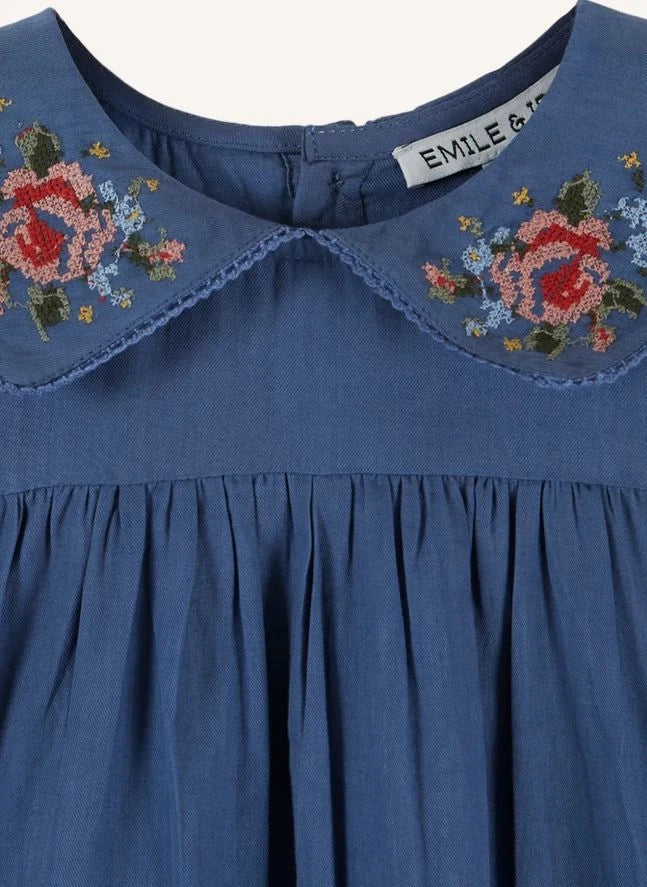 Emile et Ida - Cross Embroidered Dress | Blue