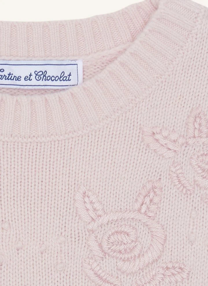 Tartine et Chocolat - Wool Rose-Embroidered Sweater | Pink
