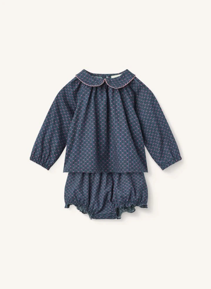 Copenhagen Colors - Organic Cotton Floral Blouse and Romper Shorts Set | Navy