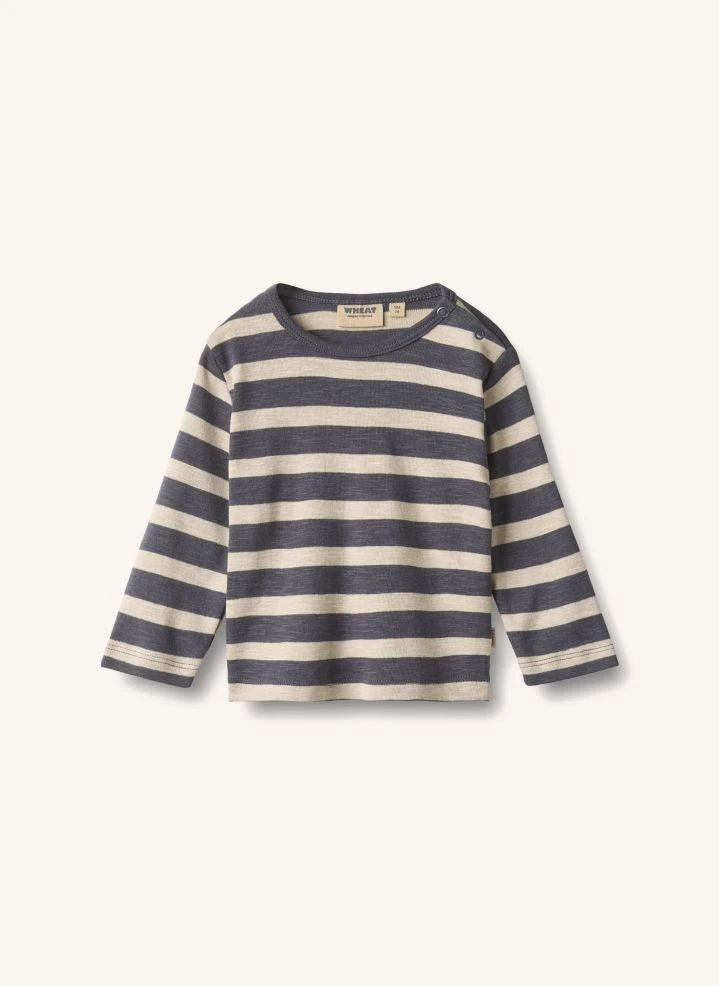 Wheat - Milo Striped Organic Cotton T-Shirt | Grey blue