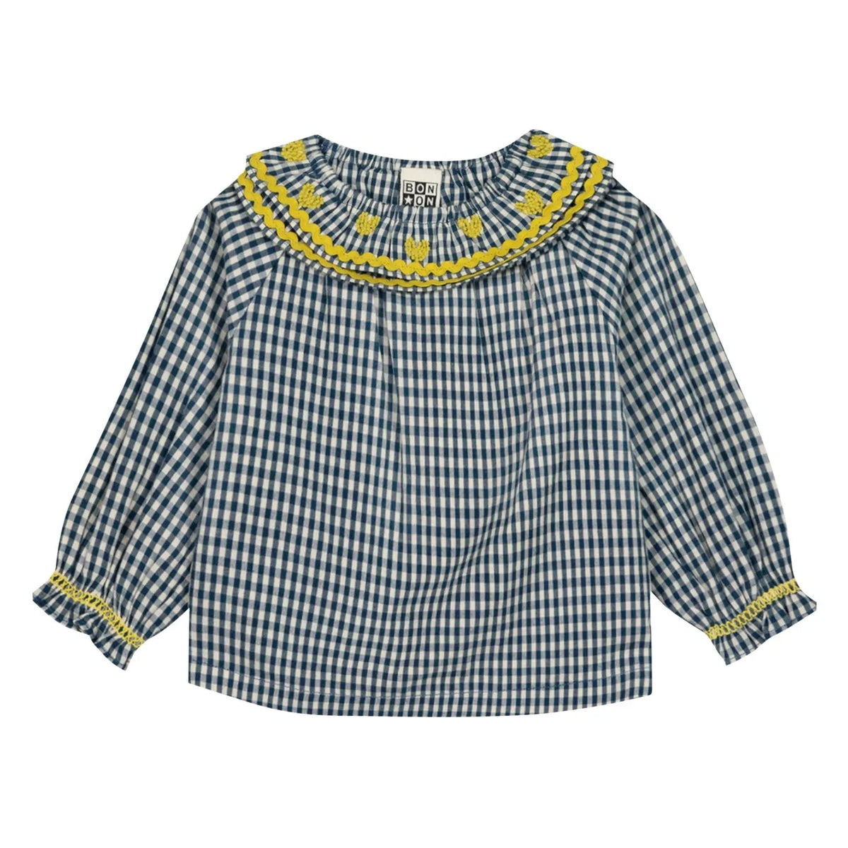 Bonton - Solane Gingham Embroidered Collar Blouse | Blue
