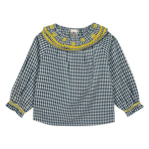 Bonton - Solane Gingham Embroidered Collar Blouse | Blue