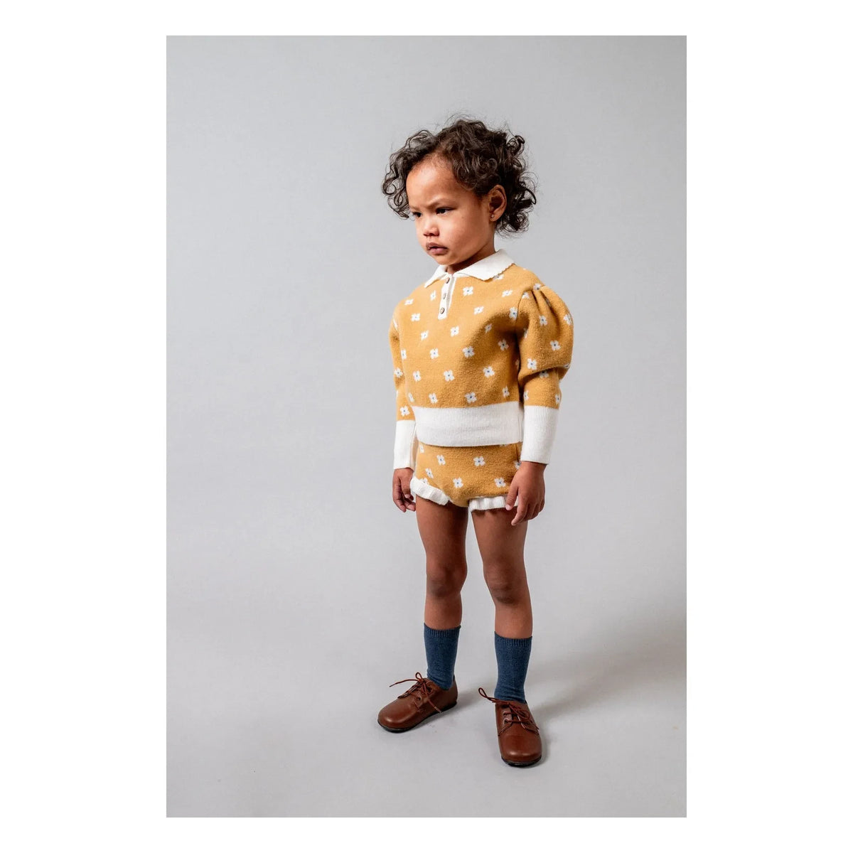 birinit - Flower Patterned Polo Neck Sweater | Mustard