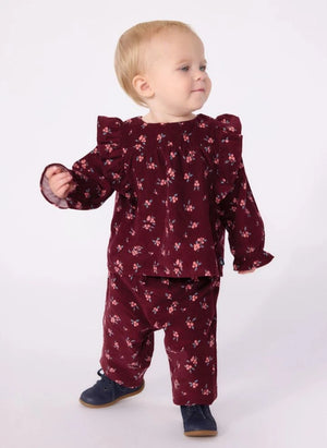 Petit Bateau - Organic Cotton Corduroy Floral Print Pants | Burgundy
