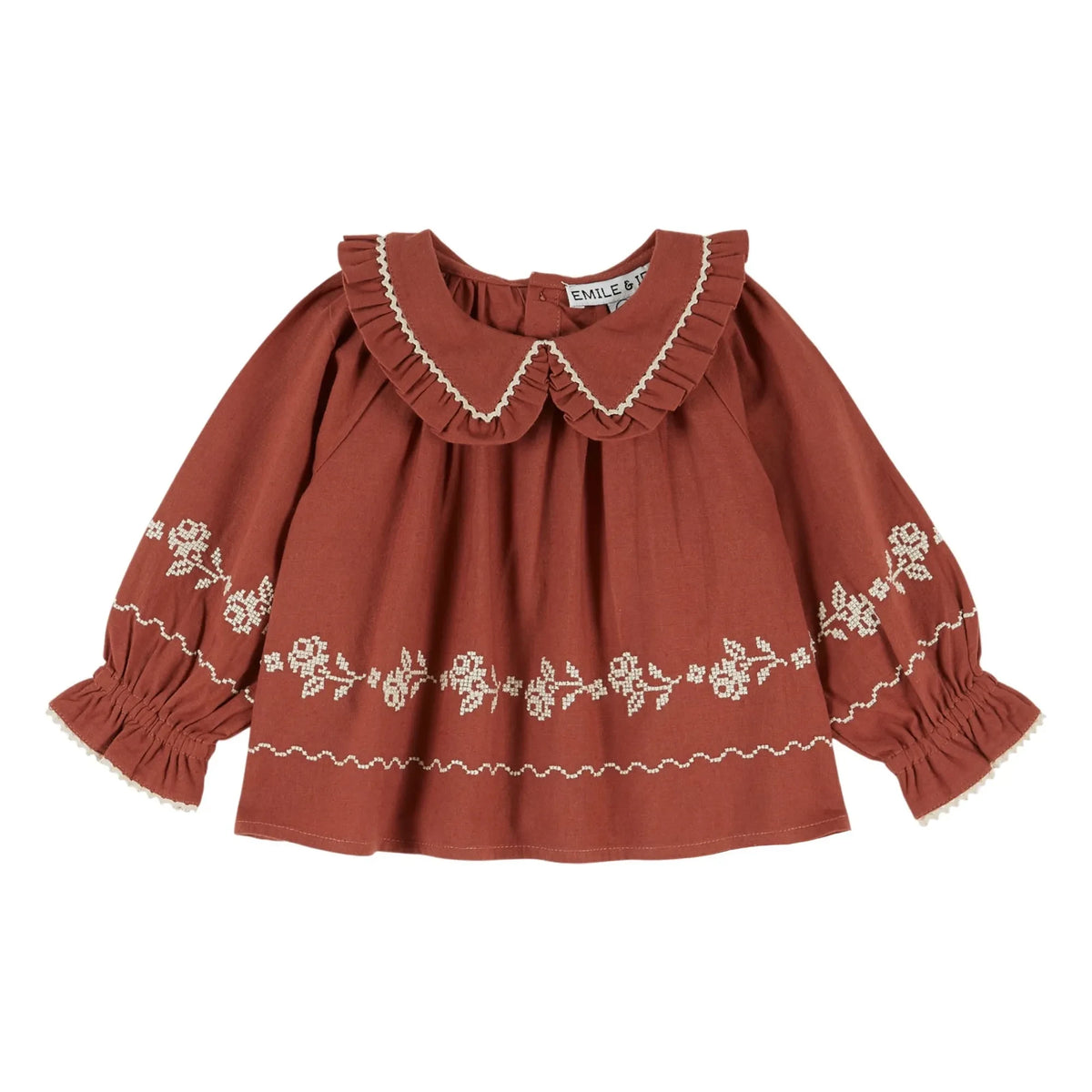Emile et Ida - Organic Cotton Flower Embroidered Blouse | Brick Red