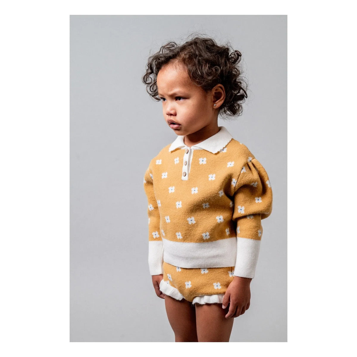 birinit - Flower Patterned Polo Neck Sweater | Mustard