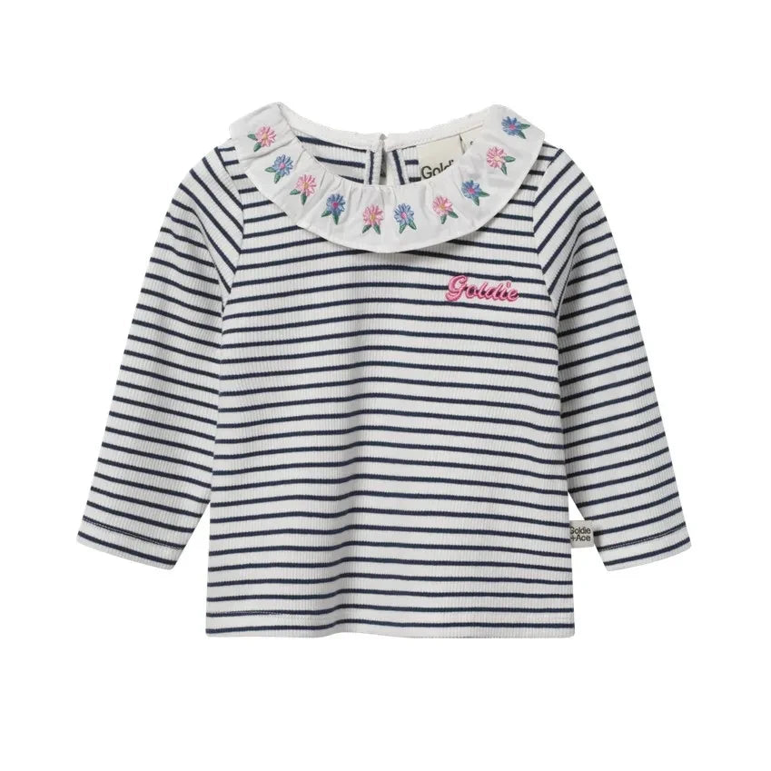 Goldie + Ace - Embroidered Collared Ribbed Striped T-Shirt | White