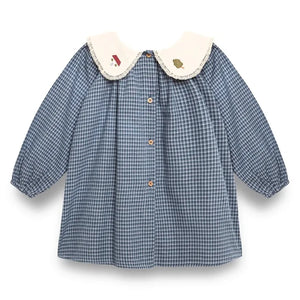 birinit - Checkered Embroidered Claudine Collar Dress Organic Cotton | Indigo Blue