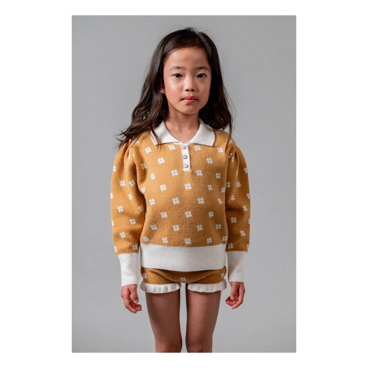 birinit - Flower Patterned Polo Neck Sweater | Mustard