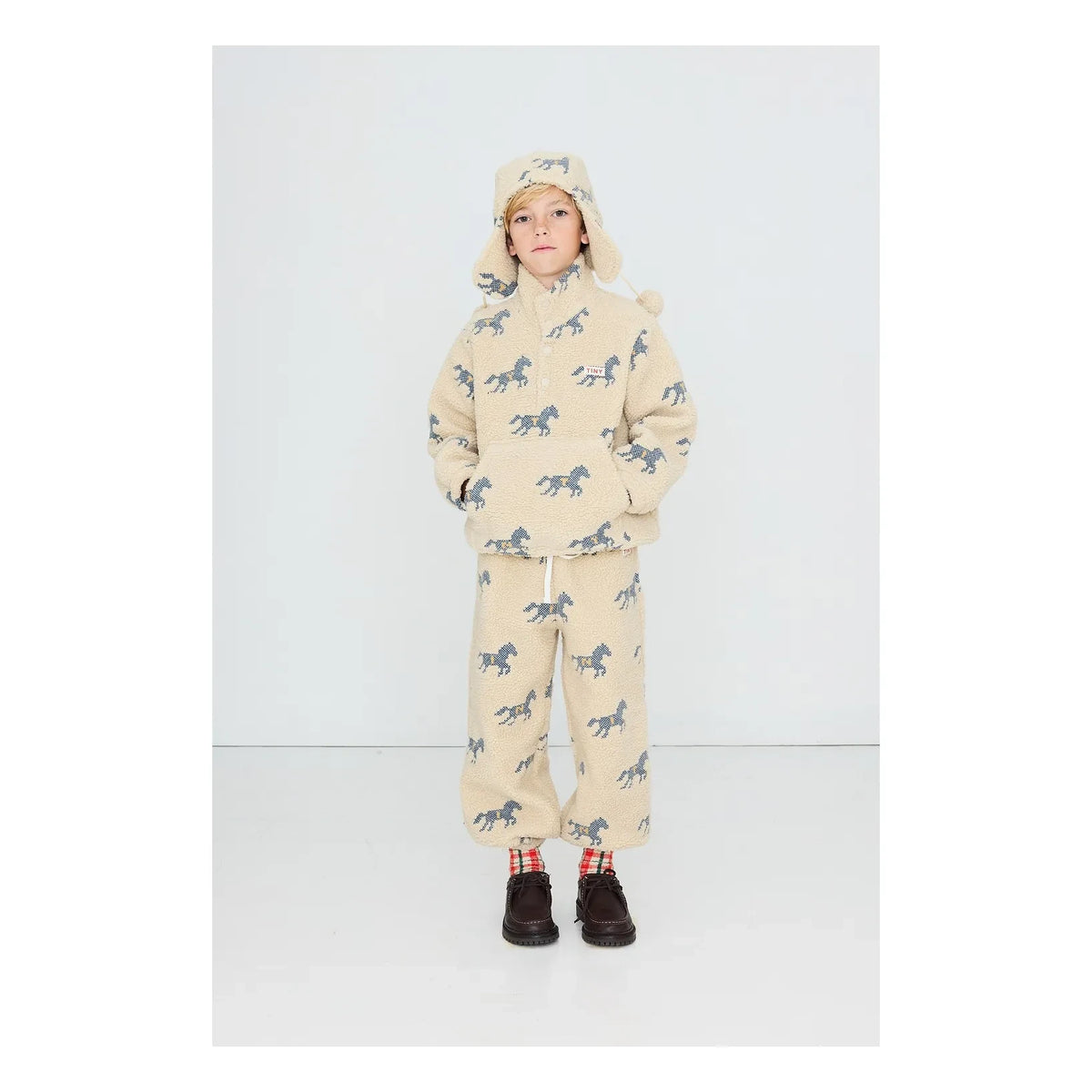 Tinycottons - Horse Patterned Sherpa Style Zippered Sweatshirt | Cream