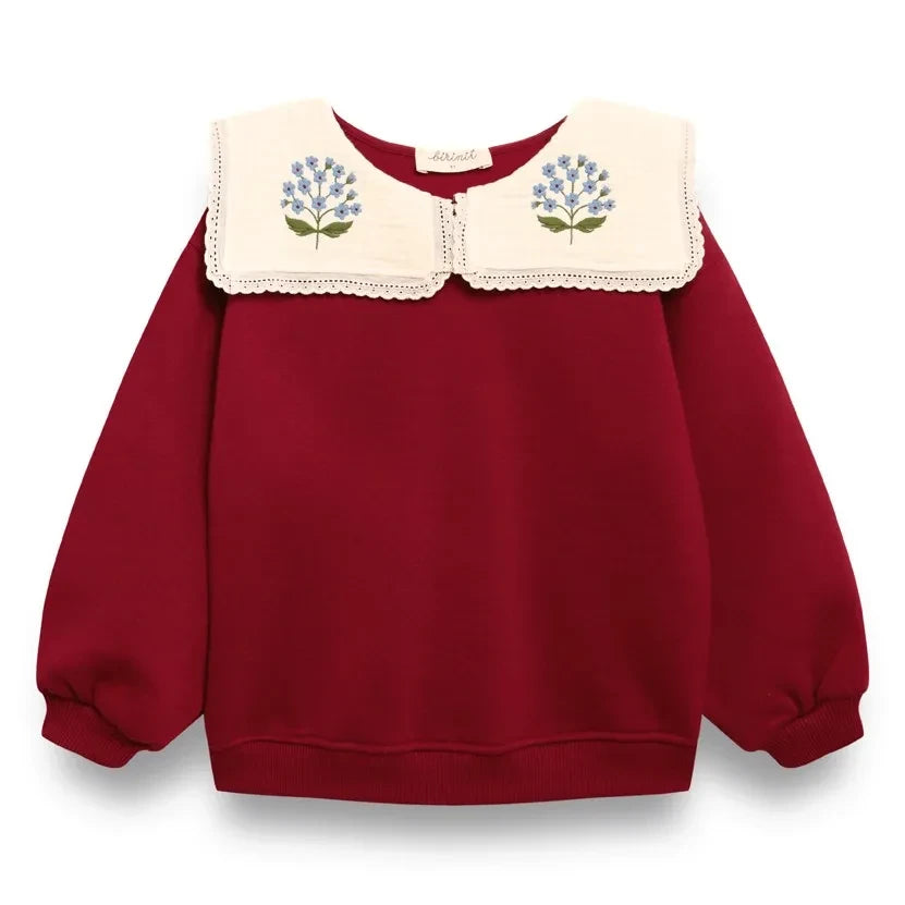 birinit - Embroidered draped collar organic cotton sweatshirt | Burgundy