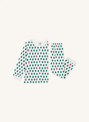 Petit Bateau - Fir Tree Velvet Organic Cotton Pajamas | White