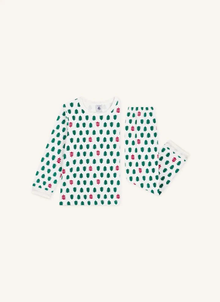 Petit Bateau - Fir Tree Velvet Organic Cotton Pajamas | White