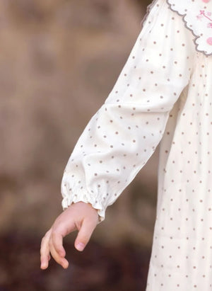 Tartine et Chocolat - Embroidered Collar Dotted Wavy Dress | Ecru