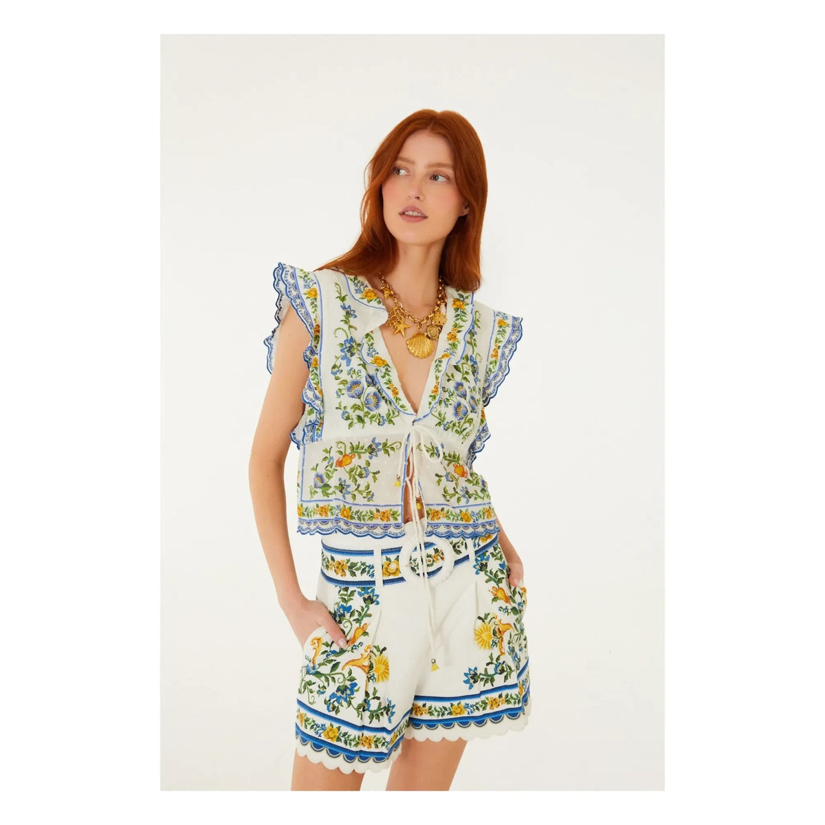 Farm Rio - Emily Floral Cotton Shorts | White