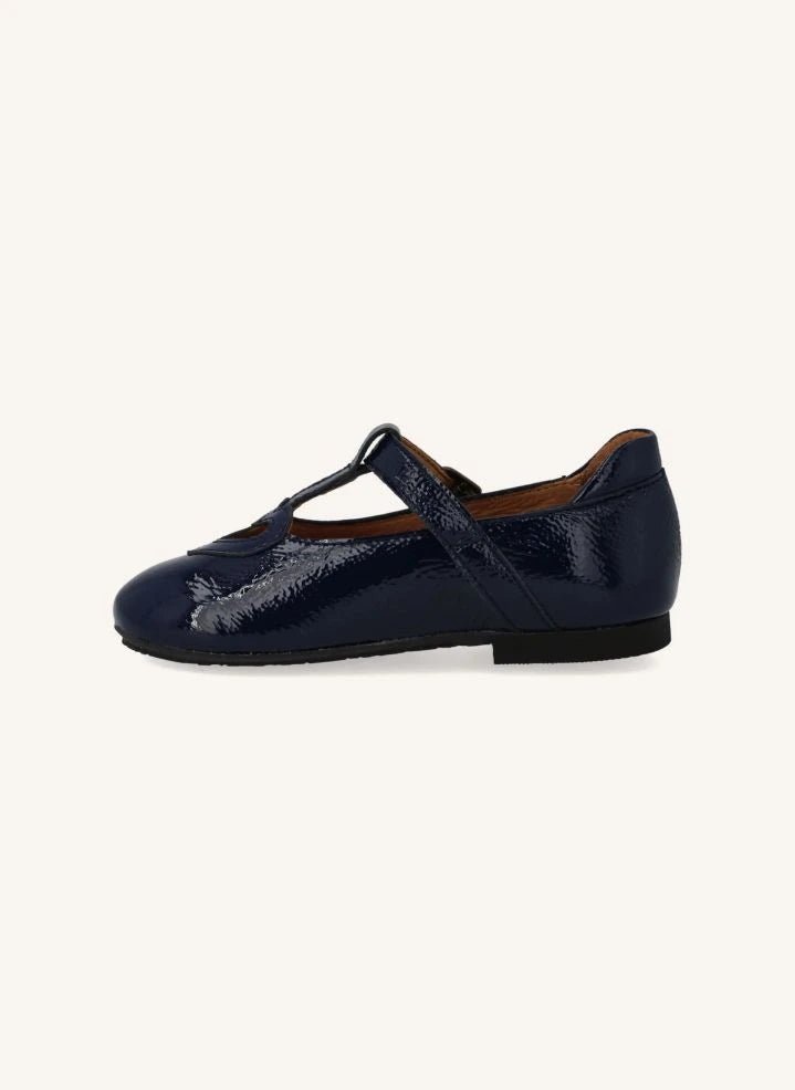 Angulus - Mary Jane T-Strap Heart-Cut Patent Leather Flats | Navy