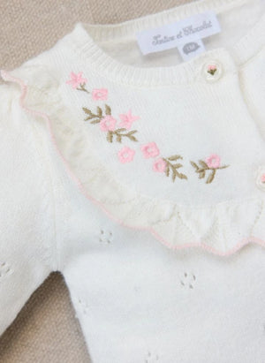 Tartine et Chocolat - Embroidered ruffled-collar knitted romper | Ecru
