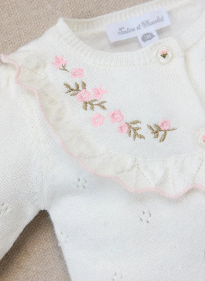 Tartine et Chocolat - Embroidered ruffled-collar knitted romper | Ecru