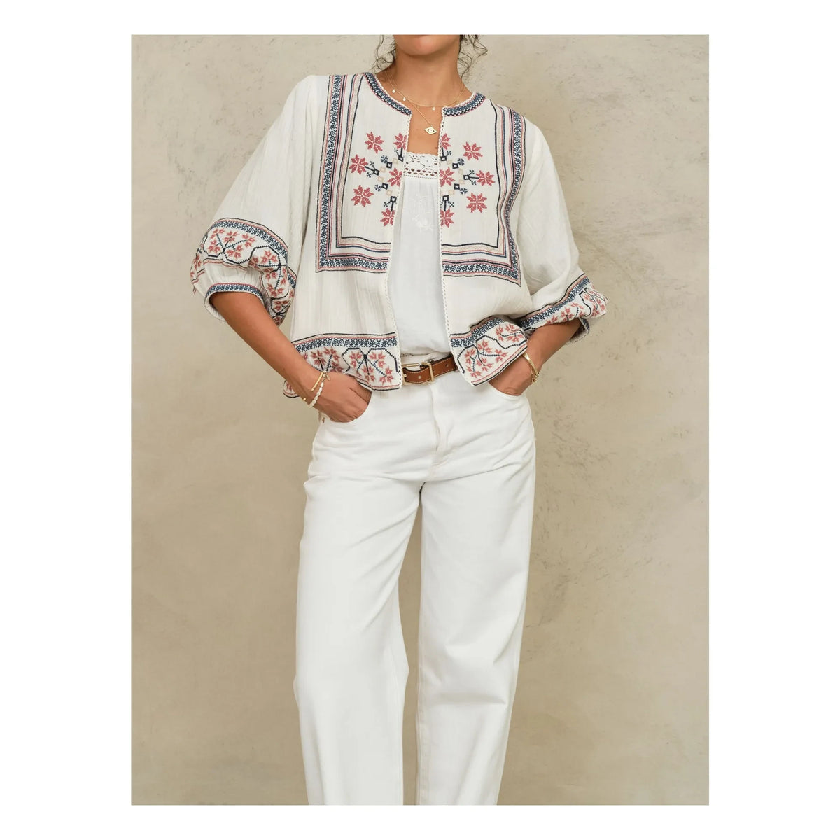 M.A.B.E. - Calista Cotton Embroidered Jacket | Ecru