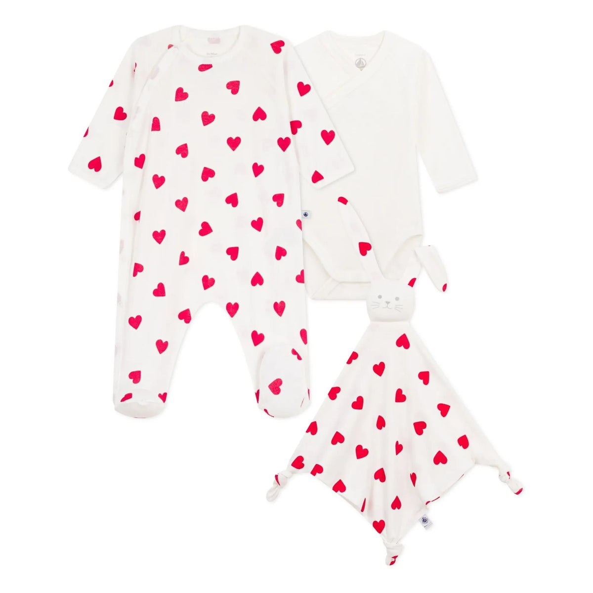 Petit Bateau - 3 Piece Pajama Jumpsuit & Cute Hearts Gift Set | White