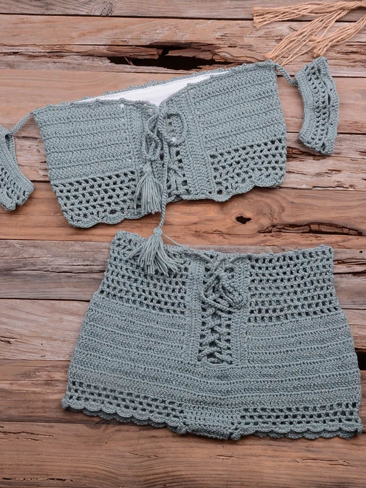 Jesminda - Knitted Lake Green Beach Shorts and Top Set