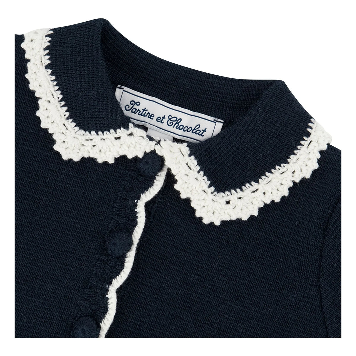 Tartine et Chocolat - Wool-Embroidered Claudine Collar Cardigan | Navy