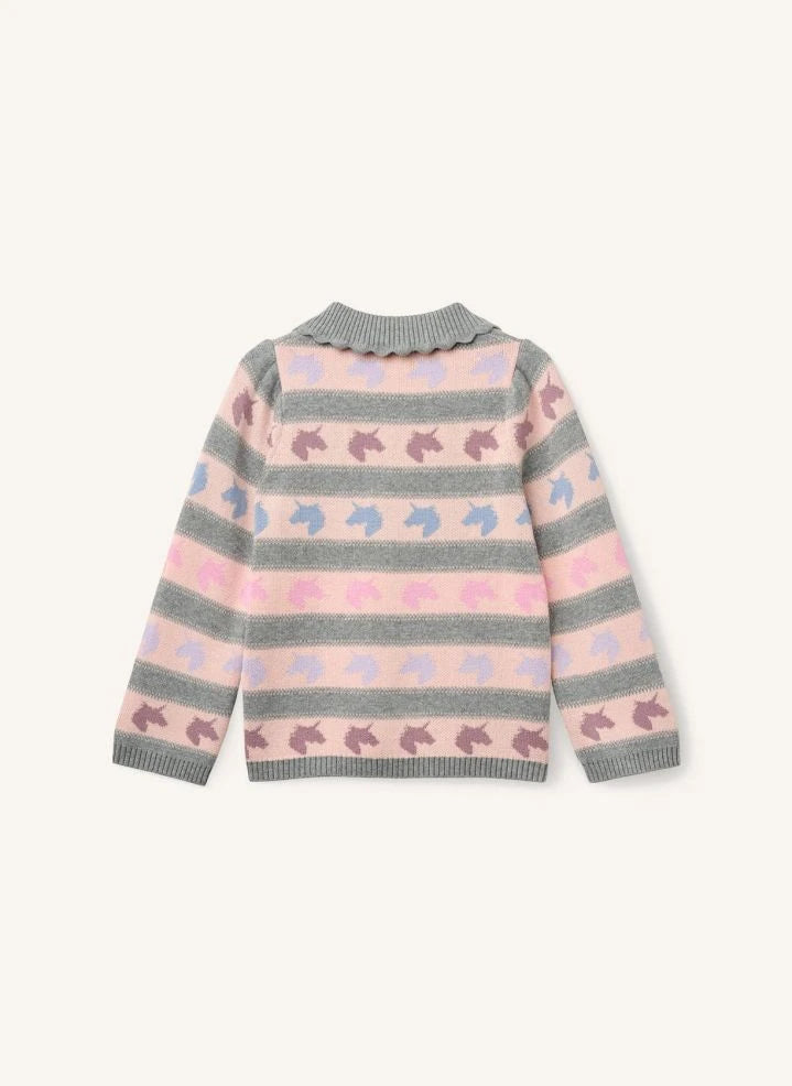 Copenhagen Colors - Organic Cotton Unicorn-Pattern Polo Collar Sweater | Grey